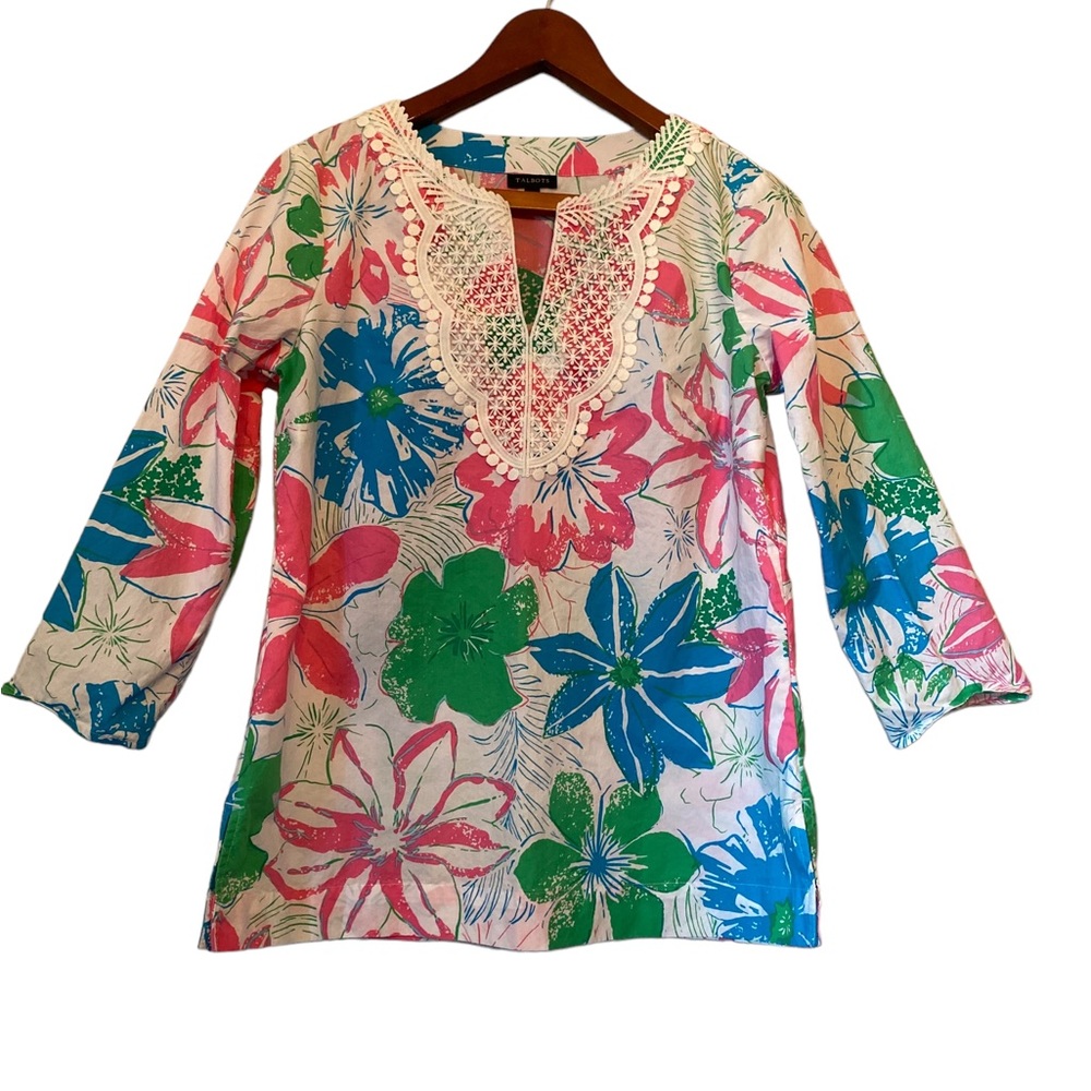 Talbots Tropical Print Colorful 3/4 Sleeve Embroidered Top